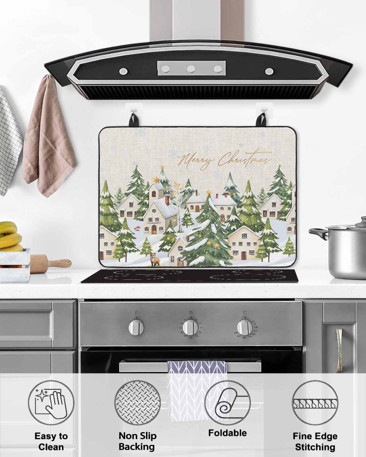 Large Induction Cooktop Protector Mat Christmas Stove Top Covers for Electric Stove, Winter Xmas Trees Farmhouse Country Cabin on Linen Decorative Stove Burner Cover Mats, Glass Top Stove Cover
