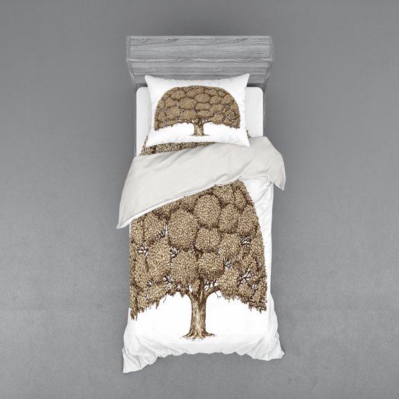 Ambesonne Tree Bedding Set 3 Pcs, Old Oak Foliage Leaves, Twin XL, Brown and Pale Brown