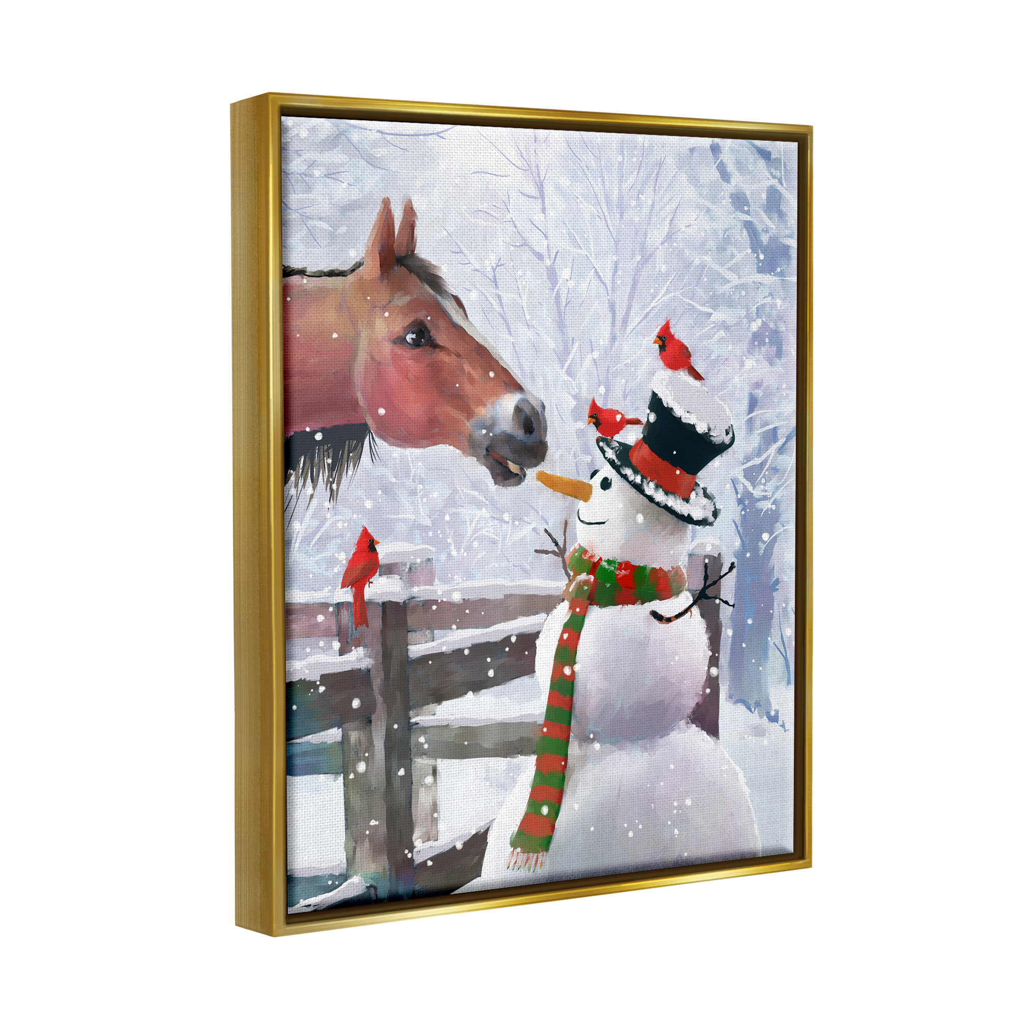 Stupell Industries Horse Eating Snowman Carrot Scene Holiday Painting Gold Floater Framed Art Print Wall Art