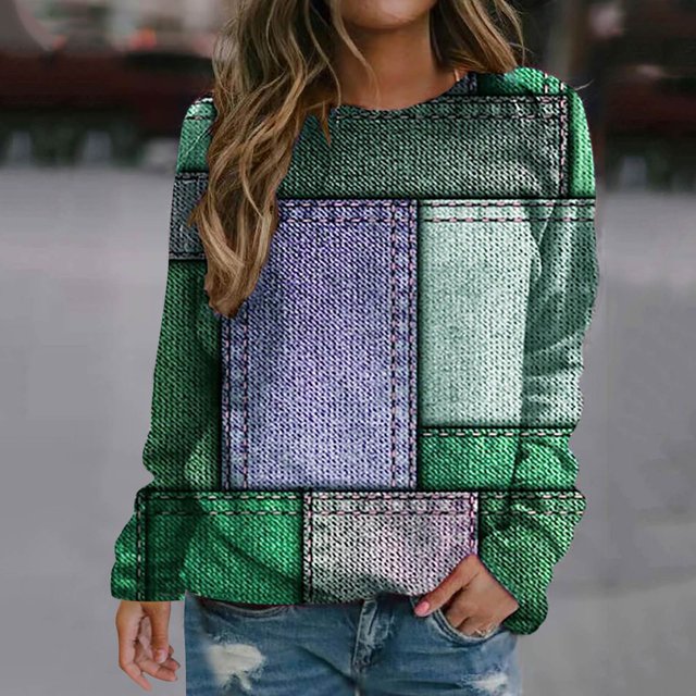 Pntutb Mujeres Moda Casual Geometría Impreso Suéter Manga Larga Cuello Redondo tops Pntutb Pntutb-1704