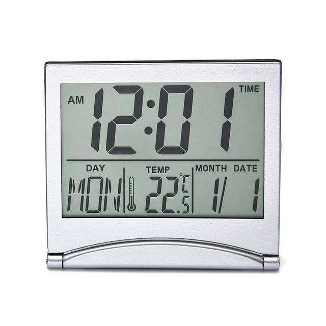 Reloj despertador digital plateado con pantalla LCD de temperatura, reloj