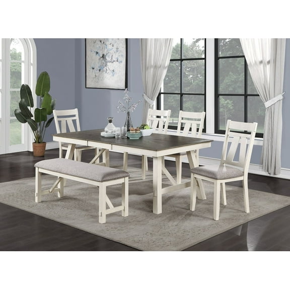 Contemporary White Finish 6pc Dining Set Round Table Side Chairs Bench Gray Cushion Seat Wood Top Kitchen Dining Room Furniture