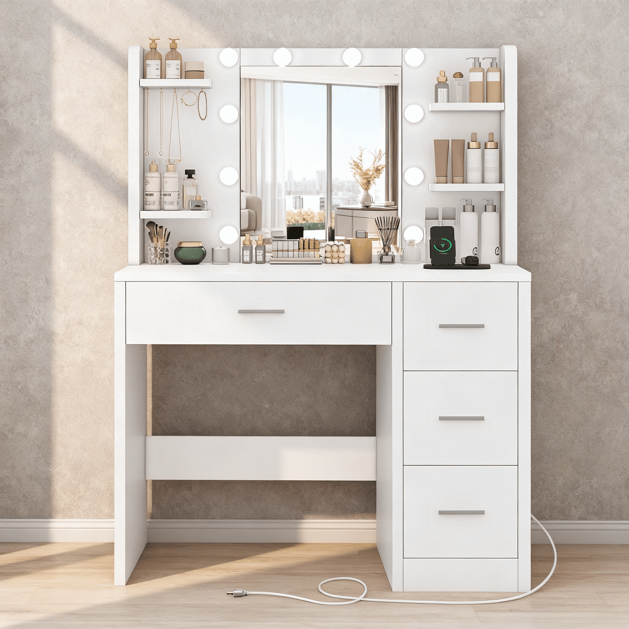 Makeup Vanity Set with Mirror & Lights, Vanity Desk with 4 Drawers, Vanity Table with Power Outlet, 3 Color Modes & Adjustable Brightness