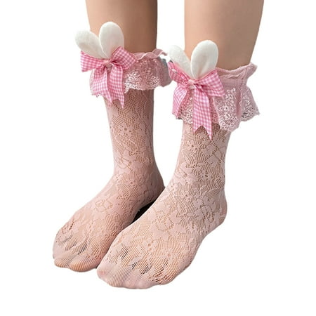 

SIEYIO Women Lace Mesh Socks Lolita Cute Bowknot Japanese JK Style Maiden Lovely Calf Socks Harajuku Uniform Socks