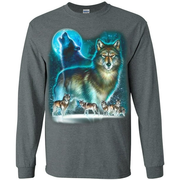 Decked Out Duds Wolf Pack Wolves Moon Decal Tshirt Men's Long Sleeve