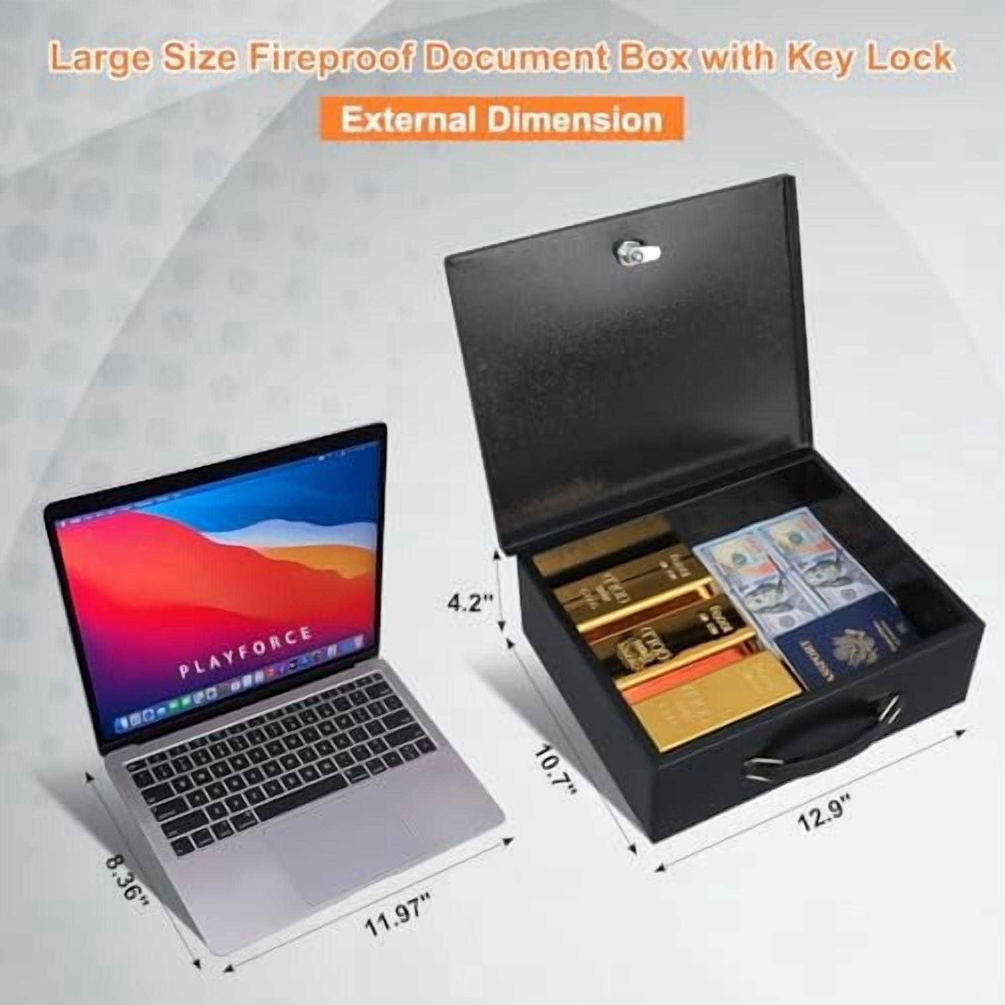 Fireproof Document Box with Key Lock, Large Safe Storage Box for Valuables, Fire Resistance Security Chest, Lock Box for Passport, Cash, Tablet 12.9'' x 10.7'' x 4.2'' Black