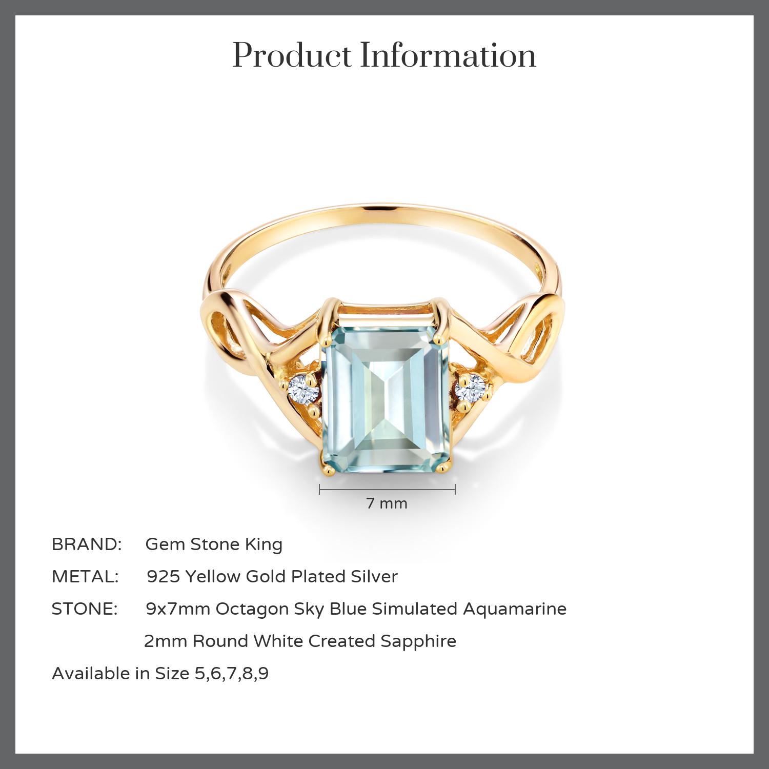 Gem Stone King 2.33 Ct Sky Blue Simulated Aquamarine and White Created Sapphire 3-Stone Ring for Women | 18K Yellow Gold Plated Silver | Wedding Engagement Anniversary Promise Ring for Women | Size 6