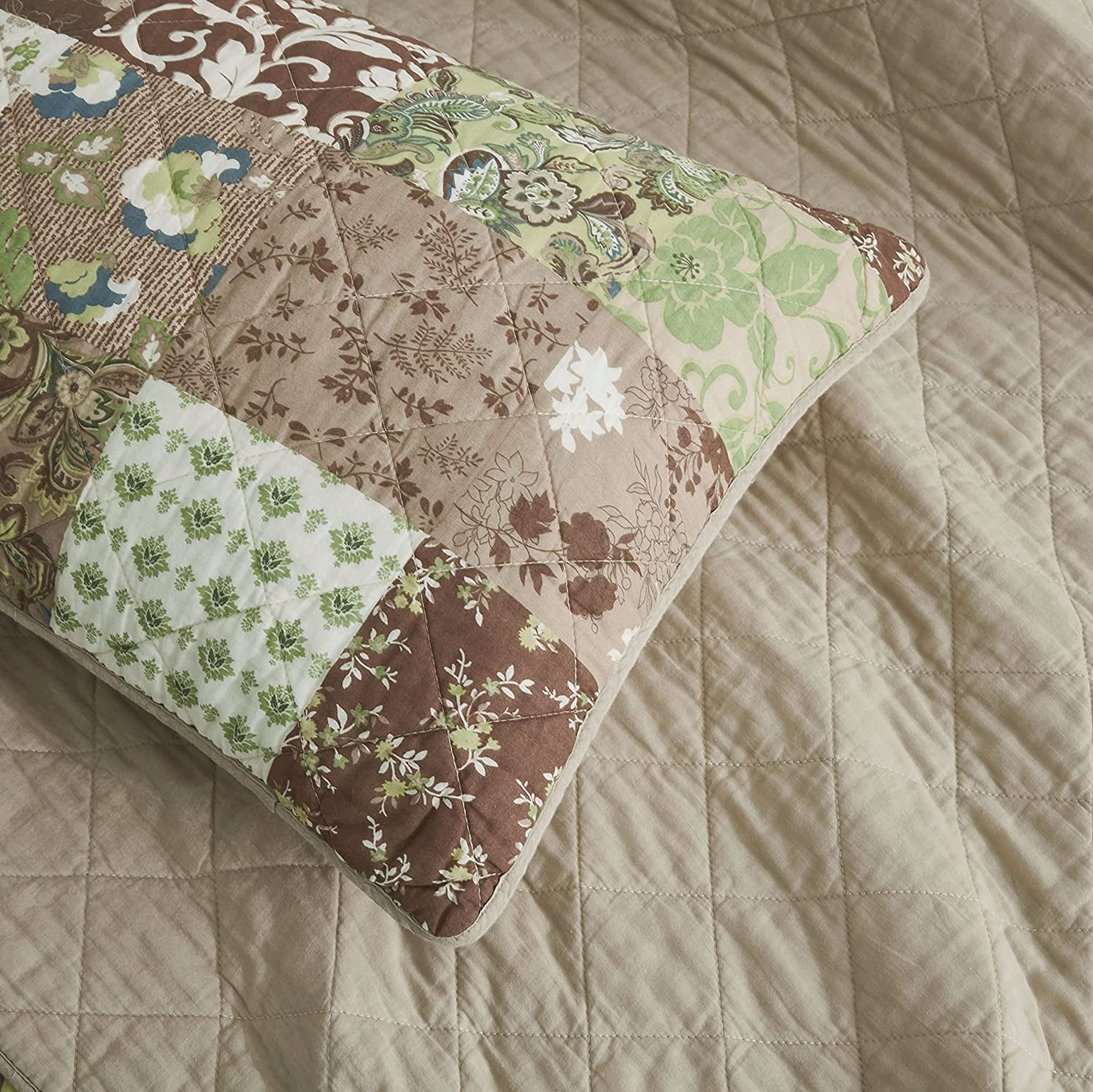 Chezmoi Collection Leilani 3-Piece Boho Washed Cotton Quilt Set Queen Size - Bohemian Quilted Bedding Brown Taupe Green White Floral Printed Patchwork Lightweight Bedspread Set for All Season