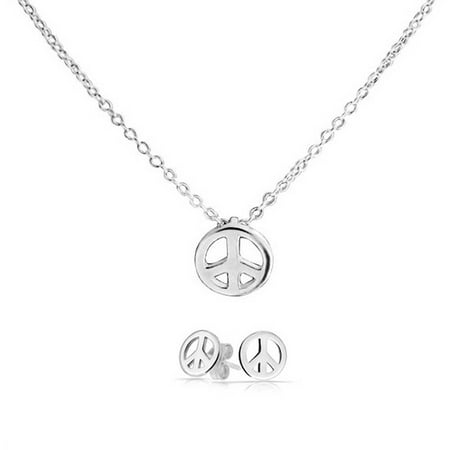 Tiny Minimalist Simple World Peace Sign Pendant Necklace Earring Jewelry Set For Teen For Women 925 Sterling Silver