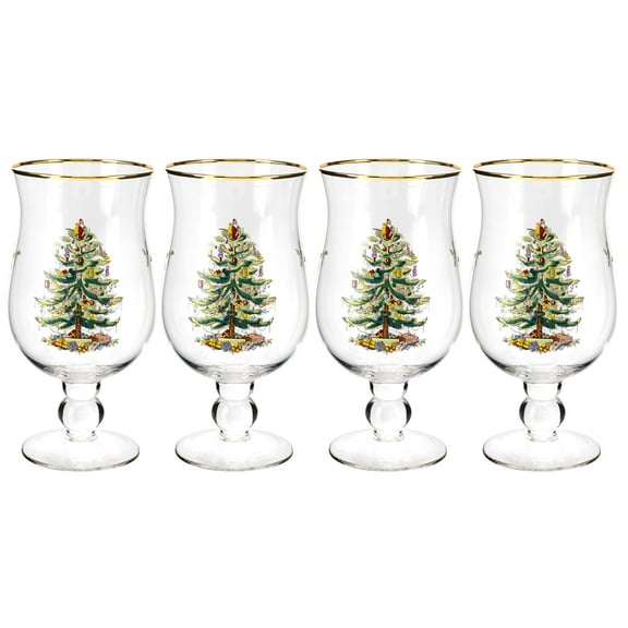 Spode Christmas Tree 17.5oz Tulip Glasses, Set of 4 - Gold-Rimmed Whimsical Holiday Glasses for Sparkling Wine and Champagne, Ideal for Holiday Brunches and New Year’s Celebrations