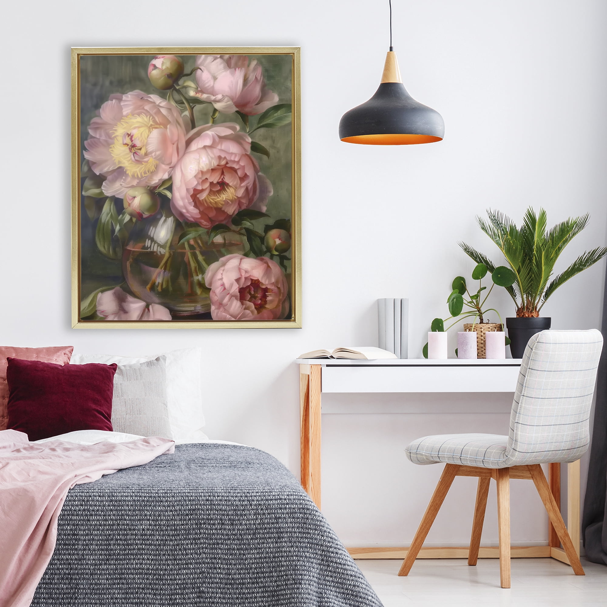 Stupell Industries Pink Peonies in Glass Vase Gold Framed Floater Canvas Wall Art, design by LSR Design Studio