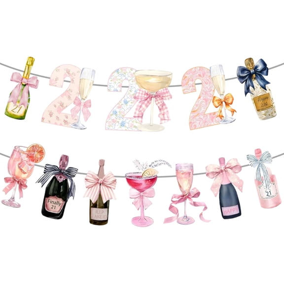 1 Pack Pink Coquette Watercolor 21st Birthday Banner, Floral Champagne Wine Bottle Glass Card Garland for Women Her 21 Birthday Party Decor