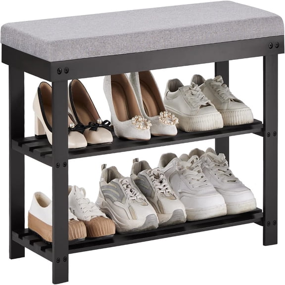 3-Tier Shoe Rack for Entryway, Bamboo Shoe Bench with Cushion Padded Seat, Small Shoe Organizer with Storage for Indoor Entrance Hallway Bedroom Living Room, Black