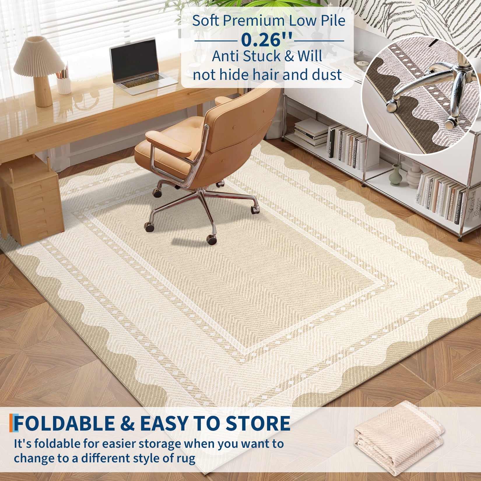 HIWEAVER Beige 2' x 6' Washable Scalloped Bordered Pattern Runner for Kitchen Geometric Indoor Throw Carpet ​Modern Non-Slip Foldable Doormat for Hallway Farmhouse Dorm Home Decor
