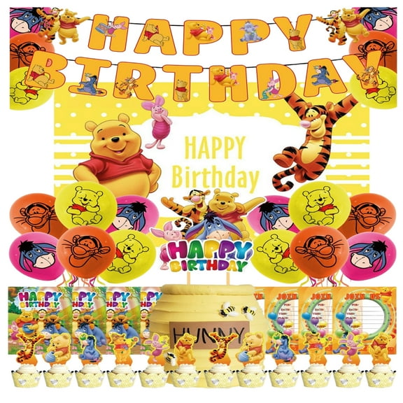 Cartoon party supplies, Winnie the Pooh birthday party decorations including happy birthday banner, balloons, cake topper