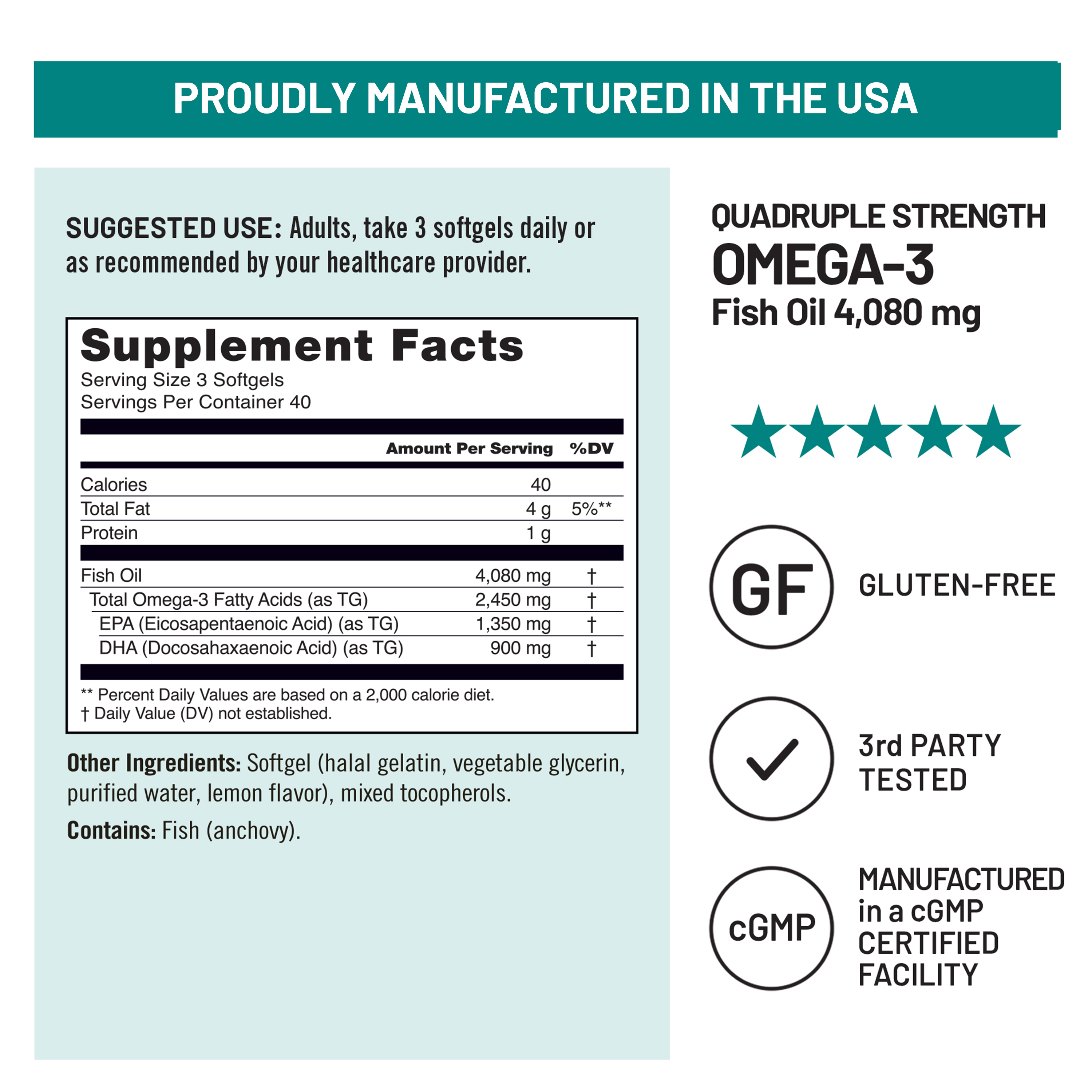 NatureWise Quadruple Strength Omega 3 Fish Oil 4080mg- Natural TG Form + Wild Caught - 2450mg Omega 3 + 1350mg EPA 900mg DHA - Burpless - Non-GMO & USA Manufactured - 120 Softgels[40 Day Supply]