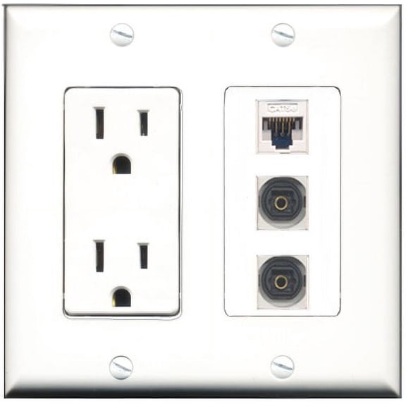 RiteAV - 15 Amp Power Outlet 2 Port Toslink 1 Port Cat5e Ethernet White Decorative Wall Plate