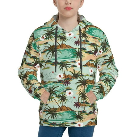 Fotbe Colorful Hawaii Palms Pattern Youth Pullover Hooded Sweatshirt Boys Hoodie Kangaroo Pocket Hoodie for Kids Girls -Large