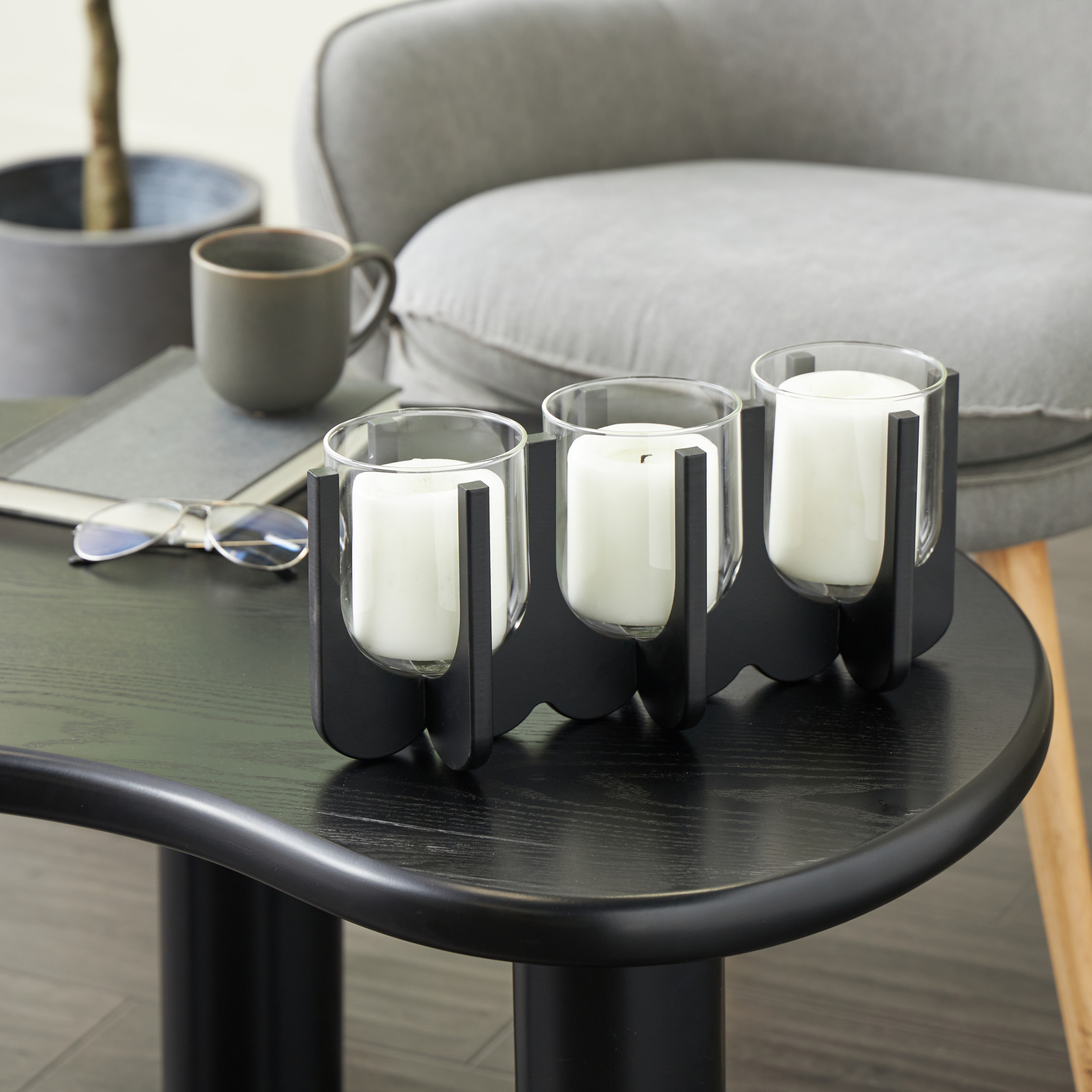 DecMode 3 Candle Black Wood Hurricane 3 Slot Candle Holder