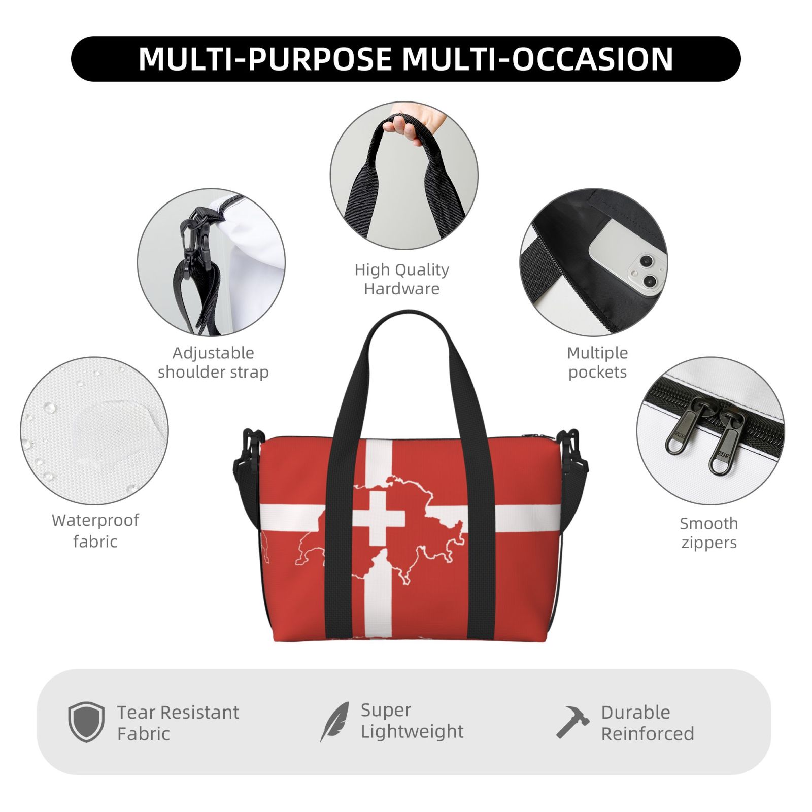 Travel Duffel Bag Switzerland Swiss Map Flag Sports Tote Gym Bag Shoulder Weekender Overnight Bag For Women Men