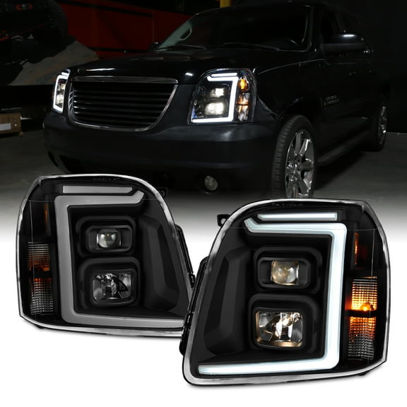 AKKON - Fits 2007-2014 GMC Yukon XL 1500 2500 [LED C-Tube DRL] Projector Black Smoked Headlights Pair Driver Passenger