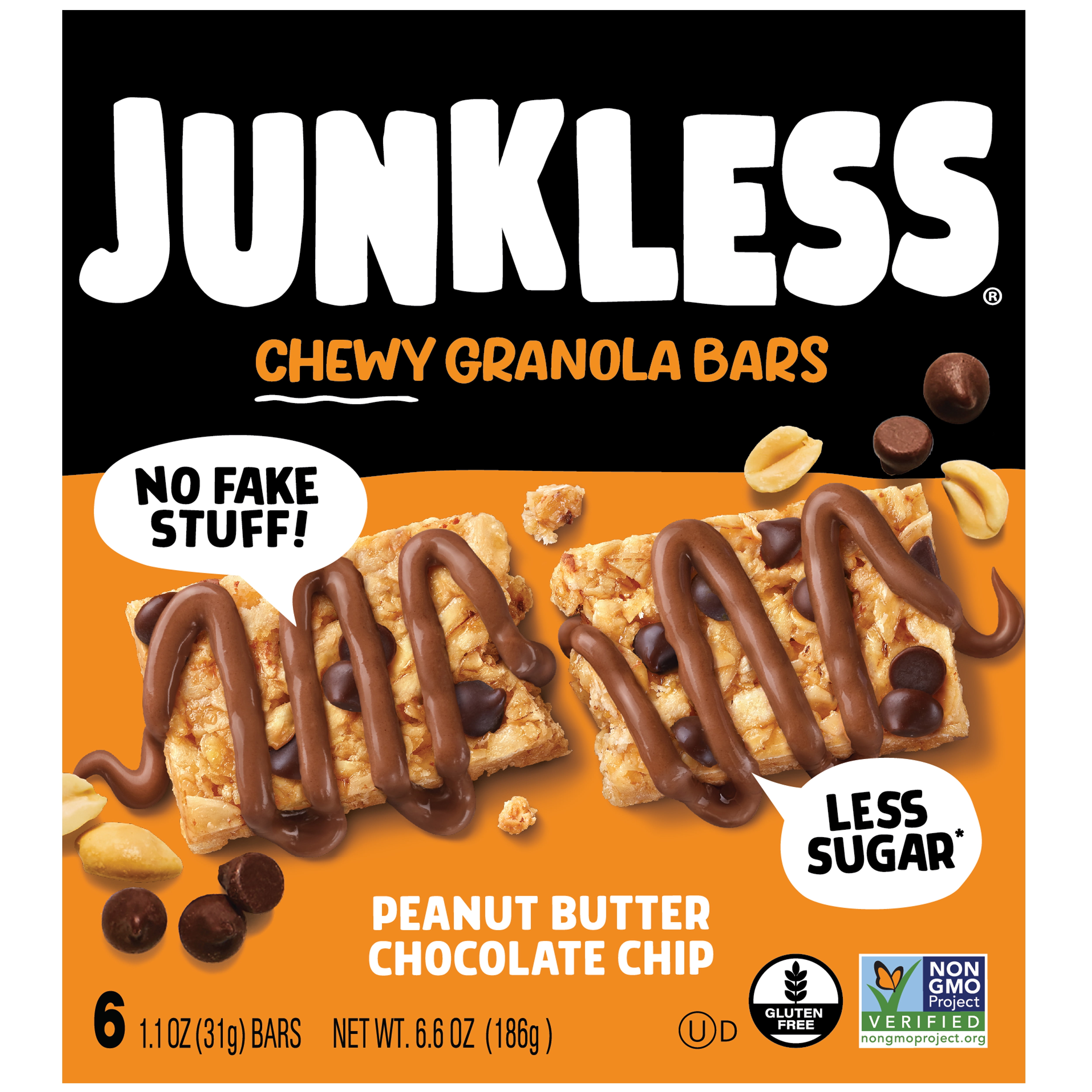 (8 pack) JUNKLESS Chewy Granola Bars, Peanut Butter Chocolate Chip, Less Sugar, Gluten Free, Non-GMO, 1.1 oz, 6 Count
