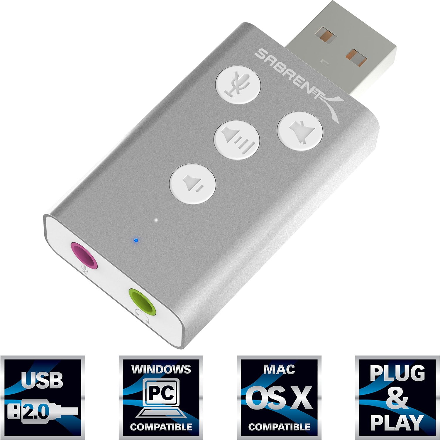 Sabrent Externe Soundkarten Aluminium USB Externer 3D Stereo Sound Adapter für Windows und Mac Plug & Play keine Treiber benötigt. AU-DDAS Silber