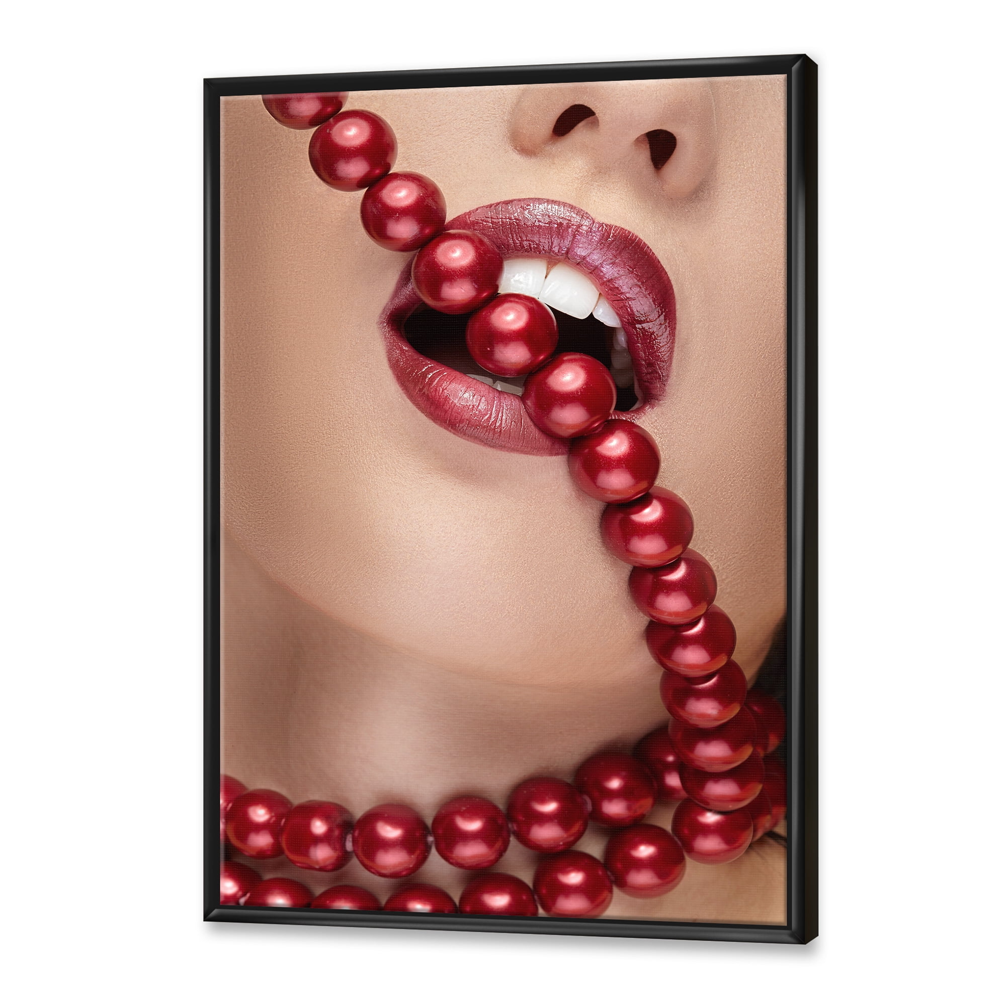 Designart 'Girl Mouth With Red Lipstick Biting Red Pearls' Modern Framed Canvas Wall Art Print