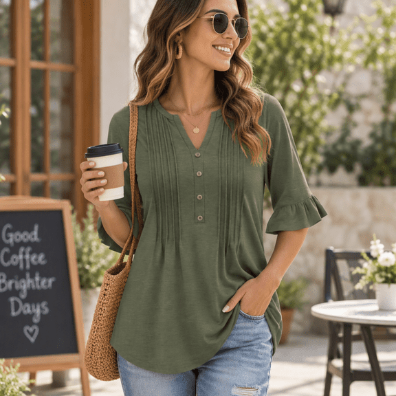 Your-Sty Women's V Neck Flare Short Sleeve Shirts Pleated Button Down Summer Causal Tops, Lightweight & Dressy for 2025 Trends