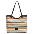 thumbnail image 3 of Bolso de playa de paja a rayas de colores bolso de mano de PU bolso de viaje para mujer (negro), 3 of 9