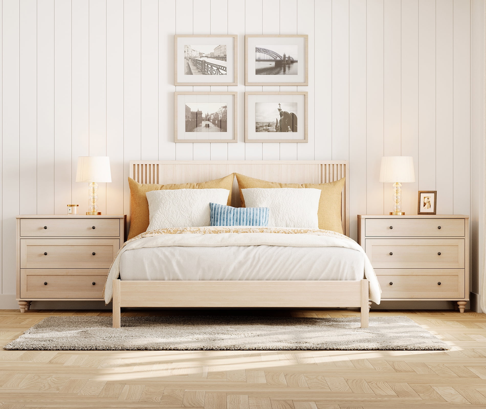 Set of 2 Farmhouse 3-Drawer Nightstands, Large Wooden Bedside Tables, Wide Sofa Side End Tables with 3 Drawers, Chest of Drawers for Living Room and Bedroom, Beige, 34 Inches