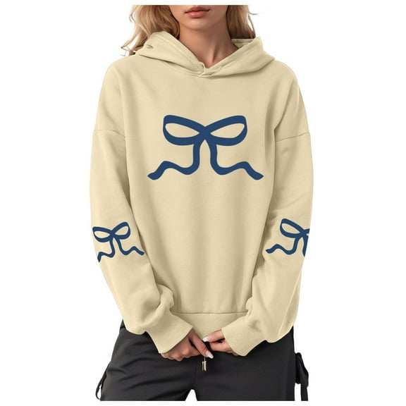 Xudanell Women Fashion Hoodies Sweatshirts Bow Print Oversized Hooded Sweatshirts Sports Top Work Clothes for Women Beige L