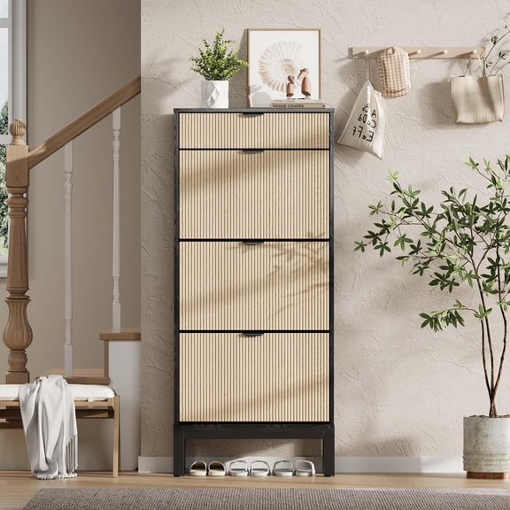 TROPOW Shoe Cabinet Storage for Entryway, Freestanding Shoe Organizer with 3 Flip Fluted Doors and 1 Drawer, Narrow Wooden Shoe Rack with Metal Legs for Front Door Entrance,Black