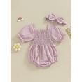 thumbnail image 3 of Musuos Infant Baby Girl Summer Jumpsuit 0-18Months  Solid Color Short Sleeve Square Neck Shirred Romper with Bow Headband, 3 of 10