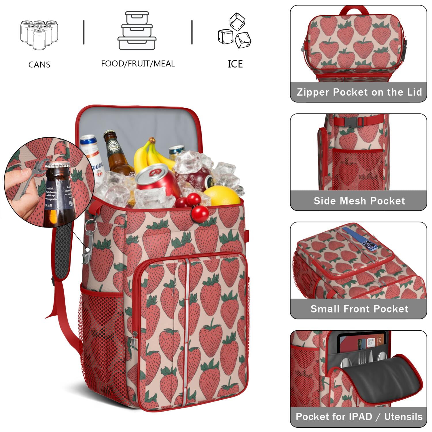 Travel Cooler Bag - Pink Strawberry Plants Fruit Camping Beer Cooler Backpack with Bottle Opener- Waterproof Insulated Picnic Backpacks - Cooler Bag for Beach