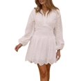 thumbnail image 3 of Women'S Spring Long Puff Sleeve Mini Dress Hollow Out Lace V Neck A Line Ruffle Casual Party Dresses White S, 3 of 10