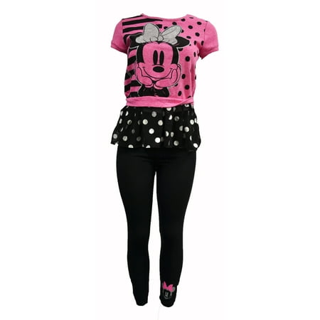 Polka Dot Ruffle Legging - Minnie Polka Dot Girls 2 Piece Tulle Top Blouse & Legging Set Pink/Black (XS) W9