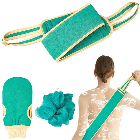 Hootek 3Pcs Exfoliating Body Scrubber Set, Back Scrubber,Bath Glove and Shower Bath Sponge Loofah for Shower, Bath Exfoliating Body Scrubber for Men and Women, Body Wash Scrub Bath Supplies, Blue