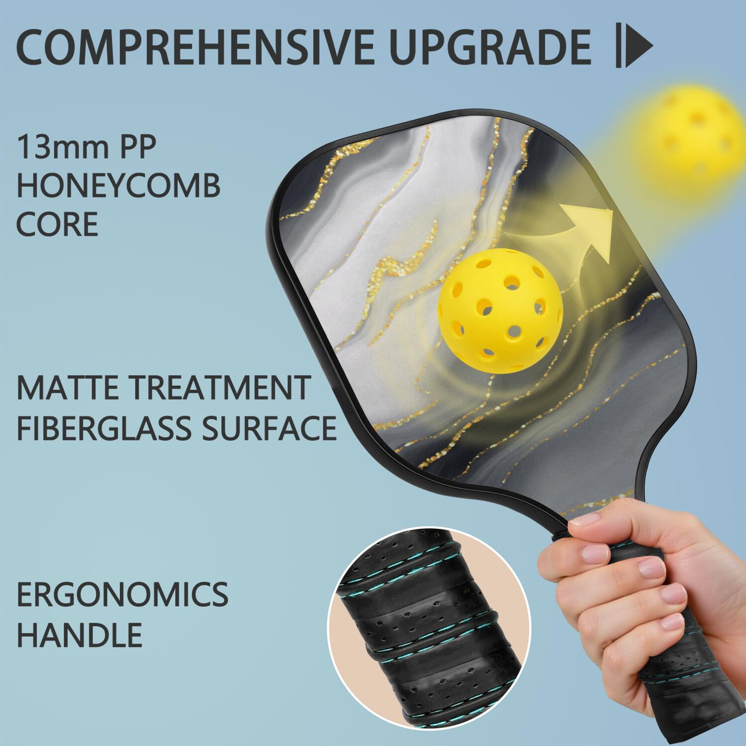 Pickleball Paddles Set Of 1, Fiberglass Surface, Turquoise Marble Pattern, 1 Paddle, 2 Balls & Bag