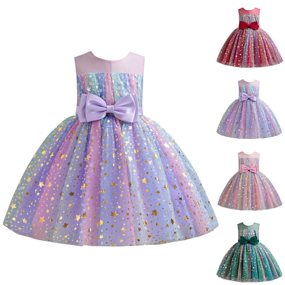 Summer AKAFMK Baby Girl Clothes Toddler Girl Flower Dress Sleeveless Round Neck Rainbows-Colour Princess Dress Bow Belt Mesh Sequins Birthday Party Wedding Long Dresses 3-7 Years