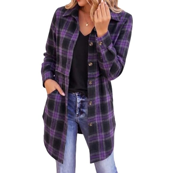 Womens Collar Plaid Flannel Shirt Jacket Shacket Coat Outerwear Casual Fall Wear S