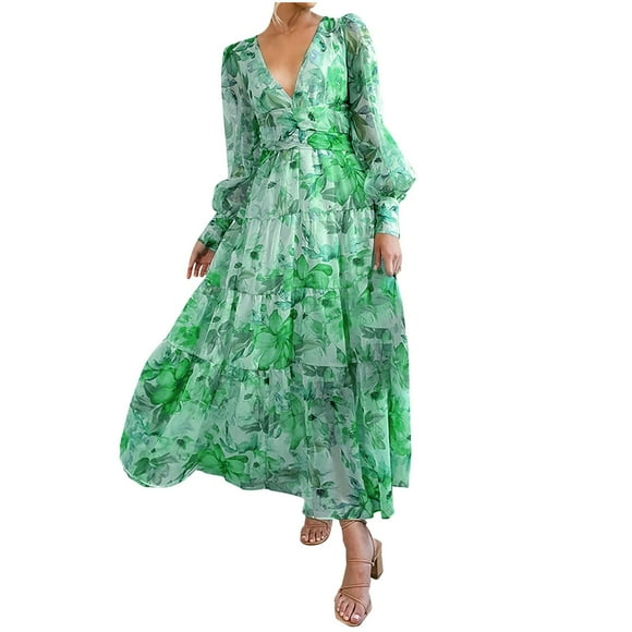 EGNMCR Women's Floral Dresses Autumn Winter V Neck Long Sleeve Corset Ruched Hem Dresses Plus Size Trendy Party Beach Casual Maxi Dresses