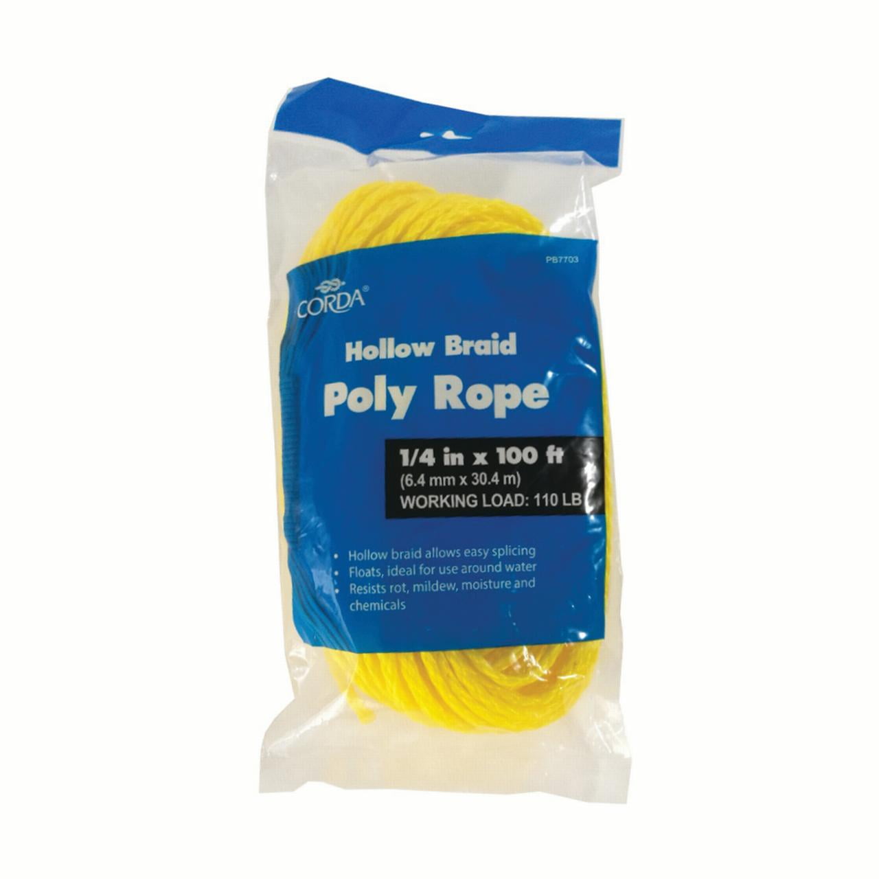 CORDA Hollow Braid Poly Rope, Yellow, 1/4" x 100'