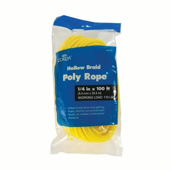 CORDA Hollow Braid Poly Rope, Yellow, 1/4" x 100'