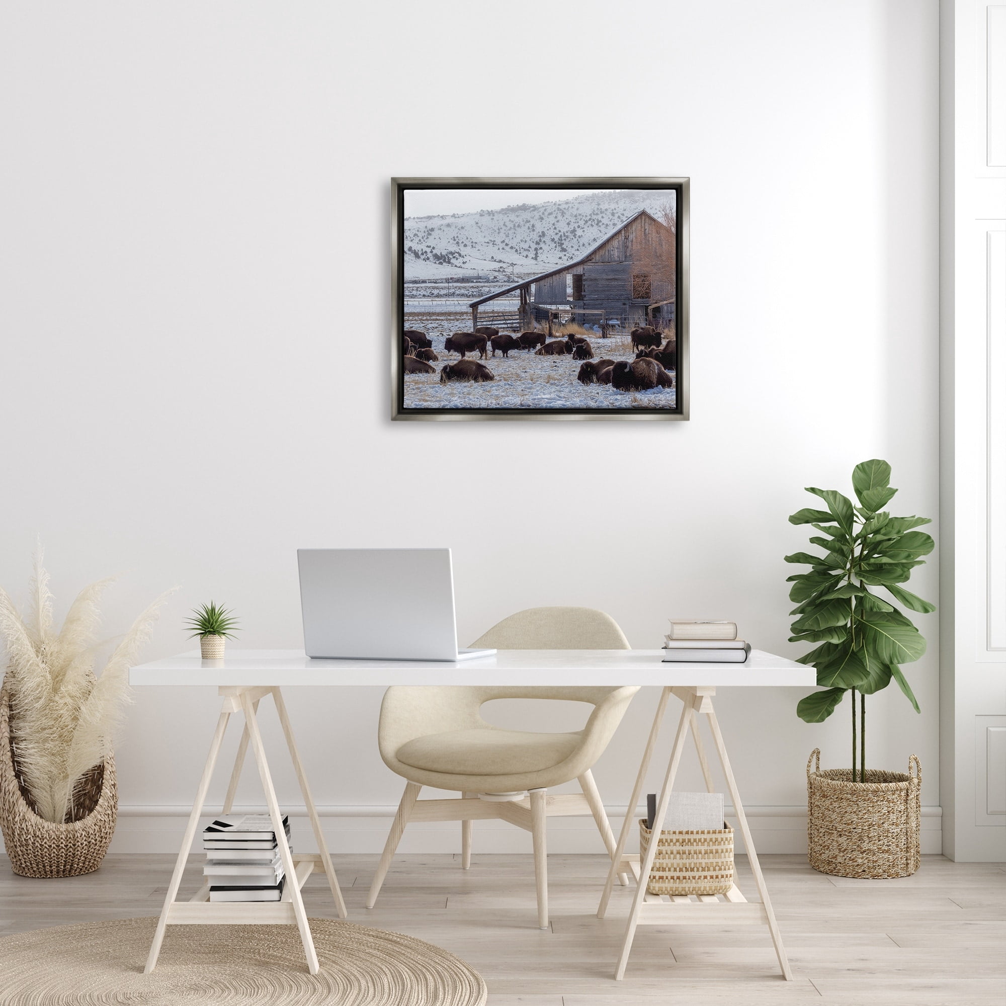 Stupell Industries Grazing Rural Bison Snowy Farmland Barn Scenery Photograph Luster Gray Floating Framed Canvas Print Wall Art, Design by Jeff Poe Photography