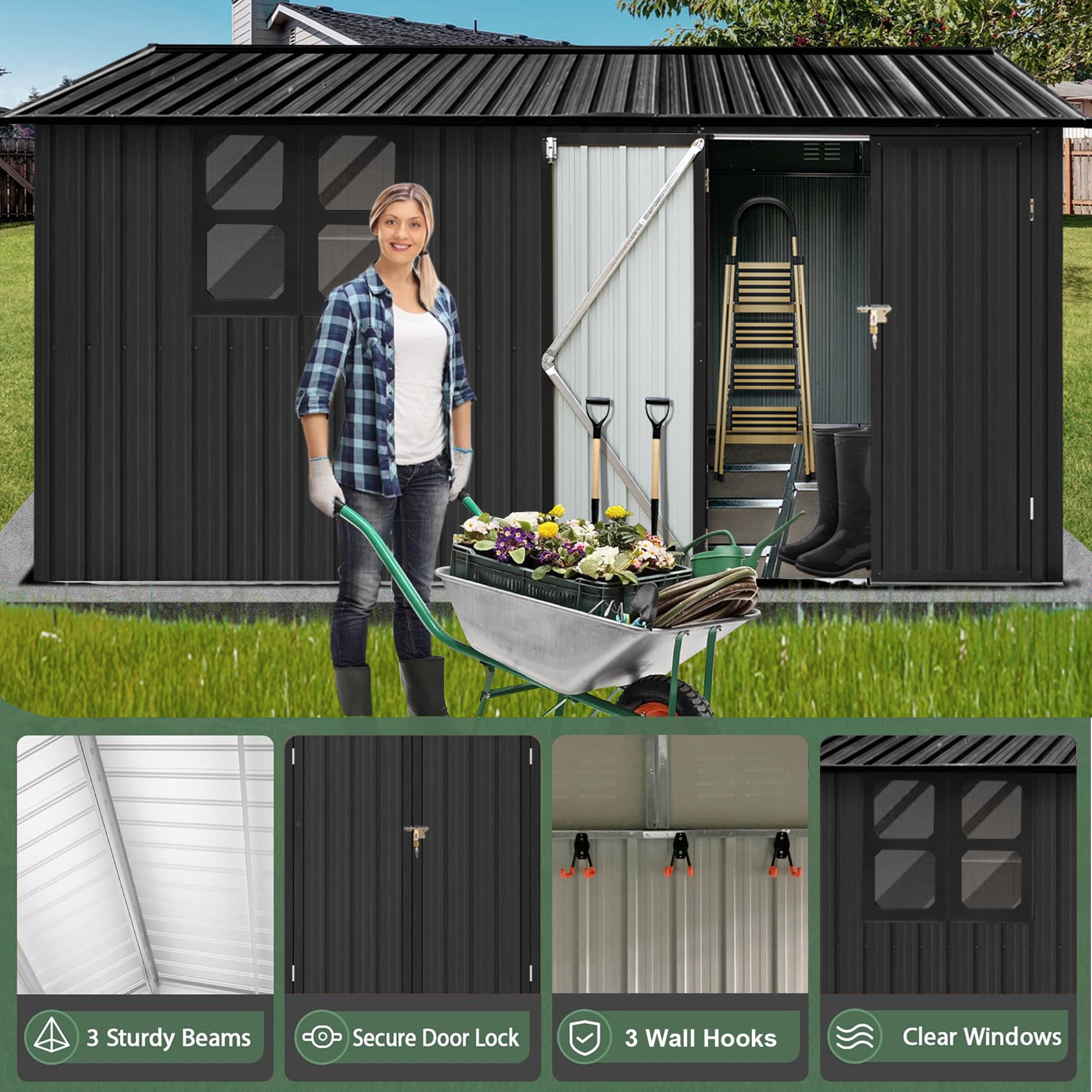 Aukfa 12FT x 10FT Outdoor Storage Shed, Metal Shed Storage with Window, Roof Slope Tool Shed with Door and Padlock for Backyards, Patio Lawns and Outdoor, Black