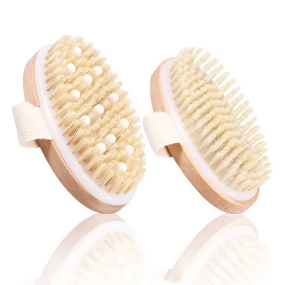 Dry Brushing Body Brush, 2 Pcs Natural Boar Bristle Exfoliating Shower Scrubber with Wood Handle for Cellulite and Smooth Skin