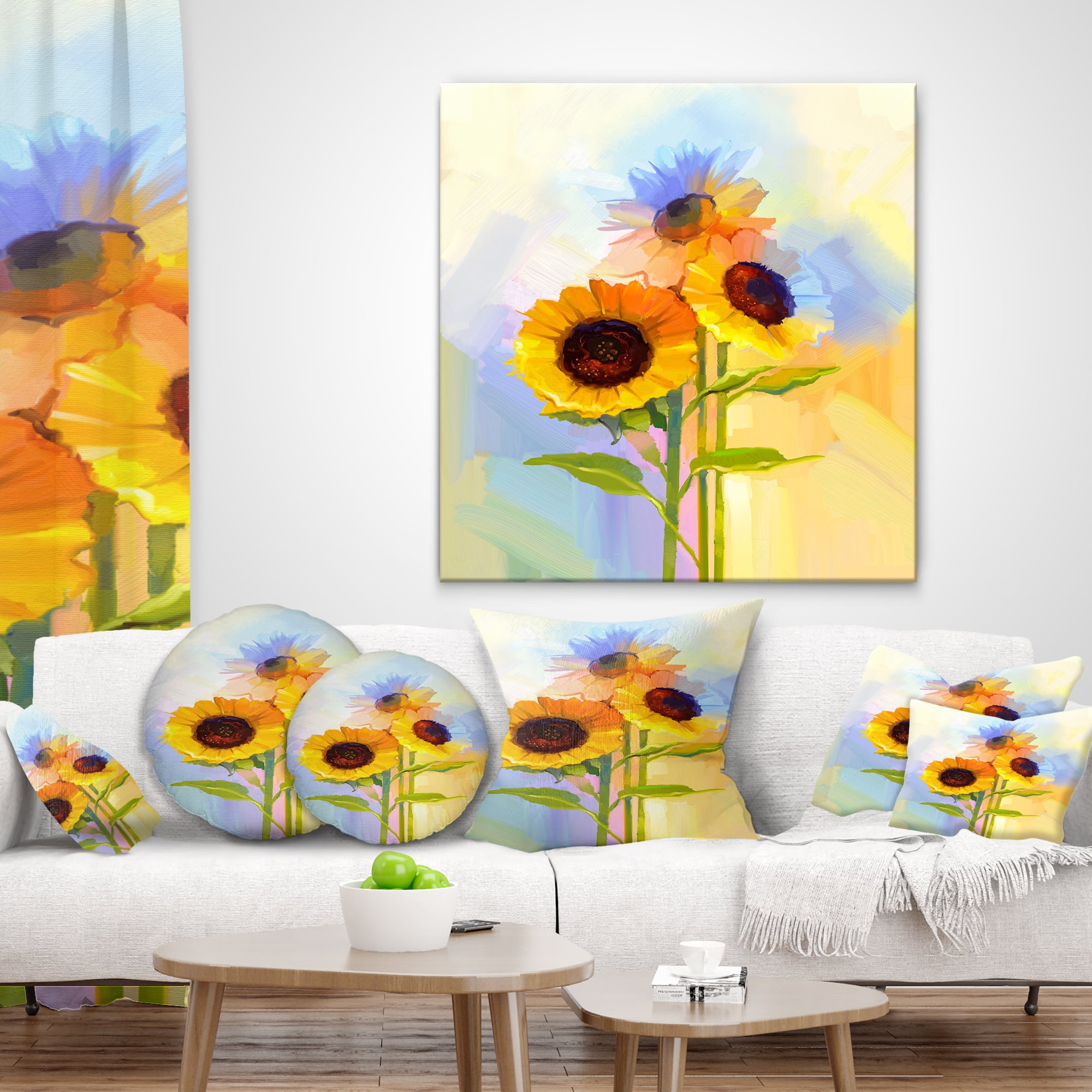 Designart Yellow Sunflowers with Green Leaves - Floral Throw Pillow - 12x20