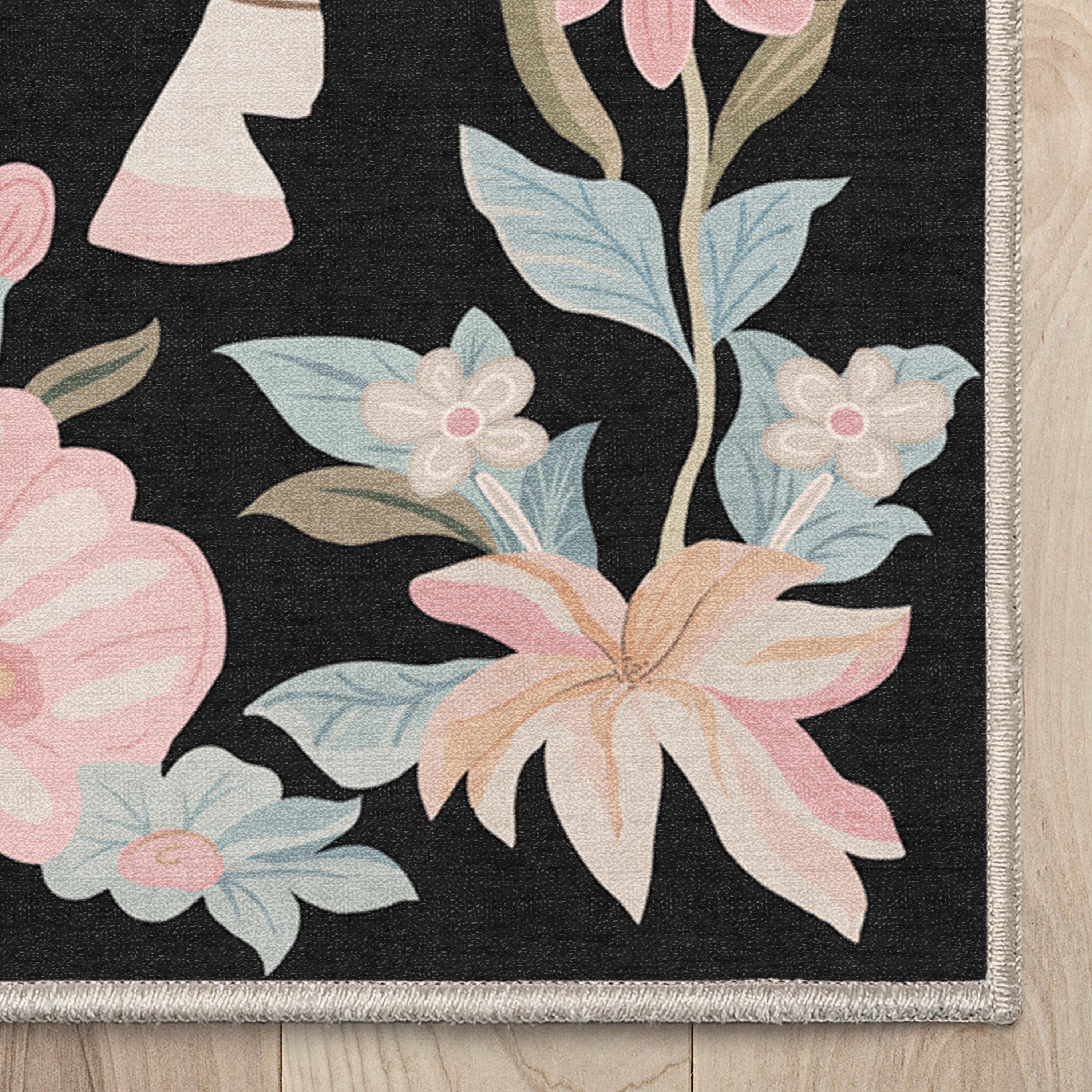 Well Woven Zebra Floral 5'3" x 7'3" Rug – Black, Stain-Resistant & Easy to Clean