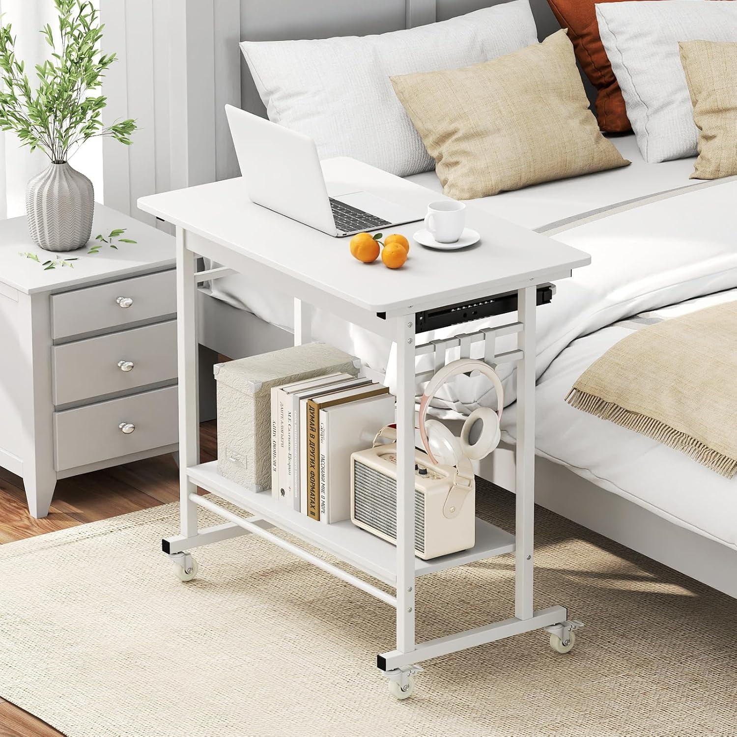 CHTER Rolling Computer Desk Cart with Keyboard Tray, Mobile Portable Laptop PC Desk with CPU Stand & 3 Hooks for Sofa & Bed, Compact Small Desk on Wheels for Small Spaces (White)